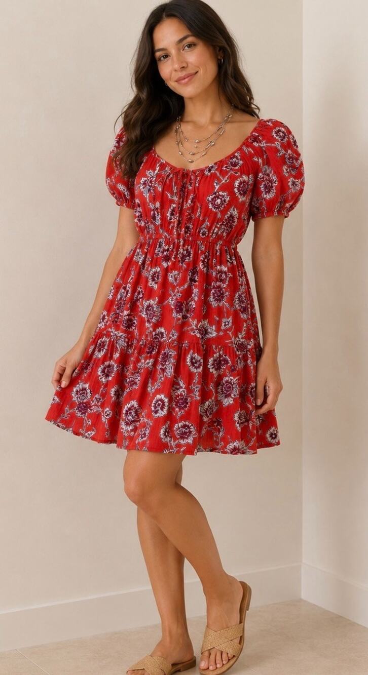 Nostalgia Women's Floral Mini Dress – Size Medium | Red Puff Sleeve Boho Dress
